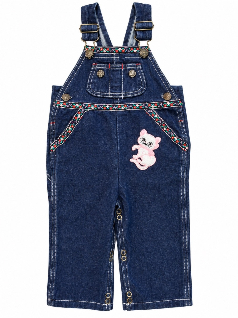 Vintage 90s French Toast Overalls Girls 24M Cat Flowers Embroidered Denim Retro